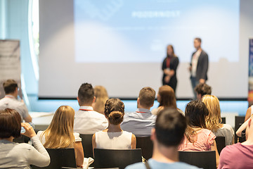 Image showing Business speakers giving a talk at business conference event.