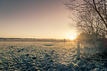Image showing Rural sunrise in the winter with a frozen meadow
