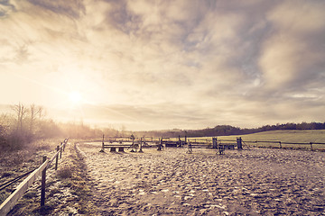 Image showing Horse equestrian course in the morning sunrise