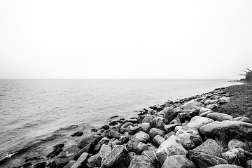 Image showing Rocks by the seashore in a black and white