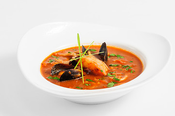 Image showing Seafood Soup in white dish