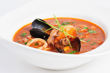 Image showing Seafood Soup in white dish