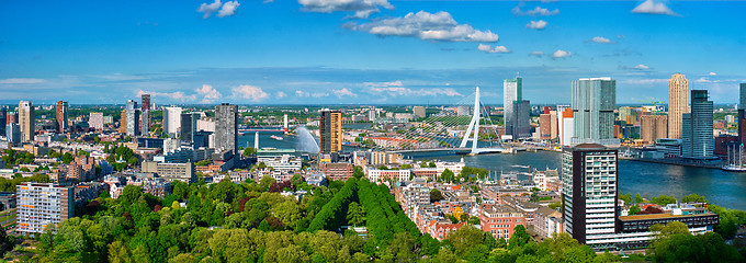 Image showing Aerial panorama of Rotterdam city and the Erasmus bridge 