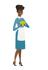 Image showing Happy african cleaner holding money.