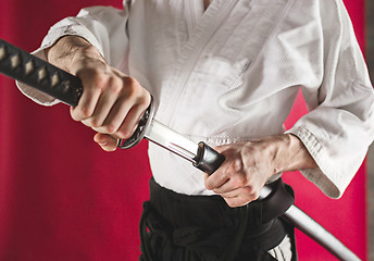 Image showing The young man are training Aikido at studio