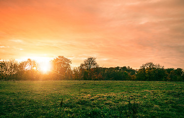 Image showing Rural landscape with a beautiful countryside sunset