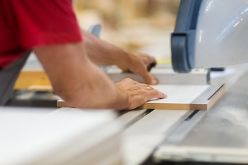 Image showing carpenter with panel saw and fibreboard at factory