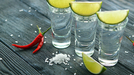 Image showing Shot of tequila with salt and lime