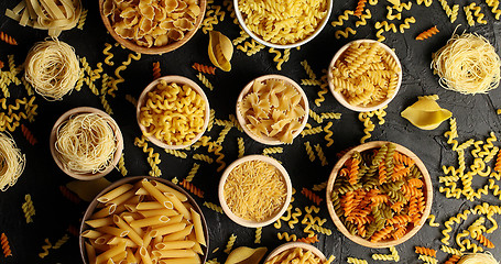 Image showing Bowls of pasta and macaroni in assortment