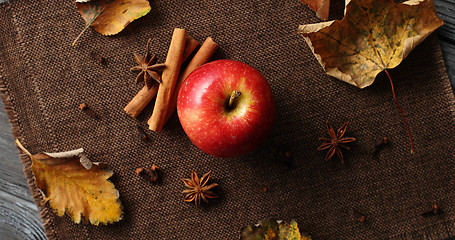 Image showing Ripe apple with fallen leaves and spices