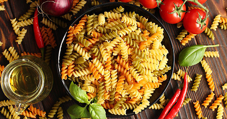 Image showing Bowl of uncooked pasta from above