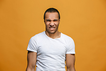 Image showing Young man with disgusted expression repulsing something, isolated on the orange