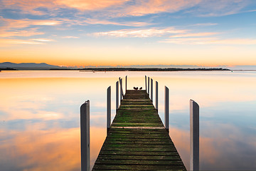 Image showing Perfect serenity - timber jetty and reflections