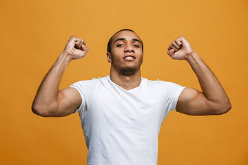 Image showing Winning success man happy ecstatic celebrating being a winner. Dynamic energetic image of male model