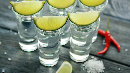 Image showing Tequila shots served on table 