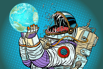 Image showing Astronaut monster earth planet. Greed and hunger of mankind conc