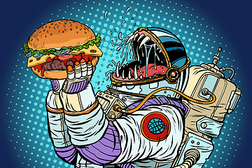 Image showing Astronaut monster eats burger. Greed and hunger of mankind conce