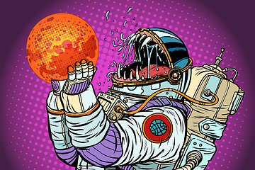 Image showing Astronaut monster eats Mars. Greed and hunger of mankind concept