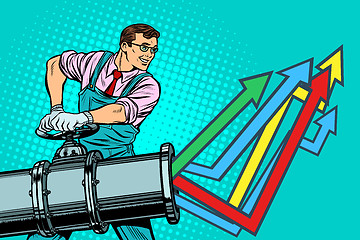 Image showing businessman opens pipe, growth chart up