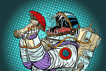 Image showing Astronaut monster eats Fly agaric. Greed and hunger of mankind c