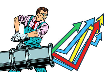 Image showing businessman opens pipe, growth chart up. Isolate on white backgr