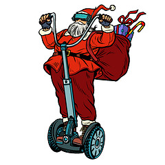 Image showing Santa Claus in VR glasses, with Christmas gifts rides an electri