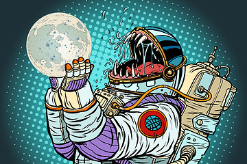 Image showing Astronaut monster eats Moon. Greed and hunger of mankind concept