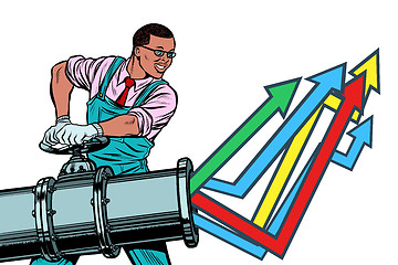 Image showing African businessman opens pipe, growth chart up. Isolate on whit