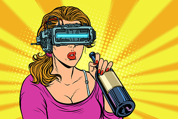 Image showing VR glasses. Woman drinking wine from a bottle. Loneliness and sa