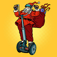 Image showing Santa Claus in VR glasses, with Christmas gifts rides an electri