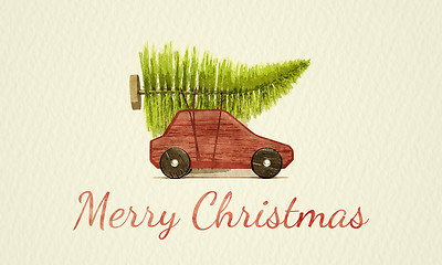 Image showing red toy car with green christmas tree water color painting