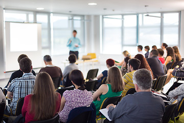 Image showing Speaker giving presentation talk at business conference.