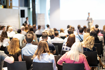 Image showing Business speaker giving a talk at business conference event.