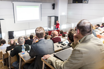 Image showing Business speaker giving a talk at business conference event.