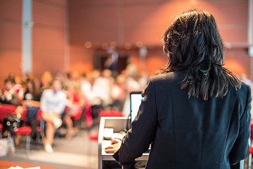 Image showing Female public speaker giving talk at Business Event.