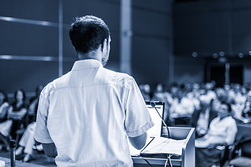 Image showing Public speaker giving talk at Business Event.