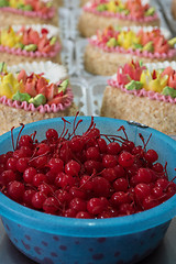 Image showing Bowl of cherry on cake production