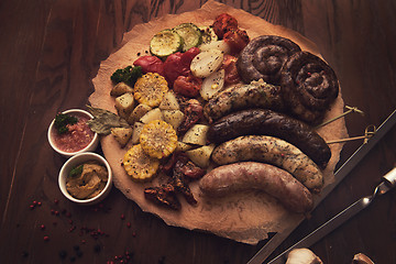 Image showing Grilled sausage with vegetables