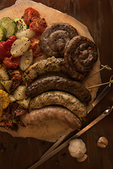 Image showing Grilled sausage with vegetables