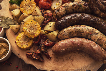 Image showing Grilled sausage with vegetables