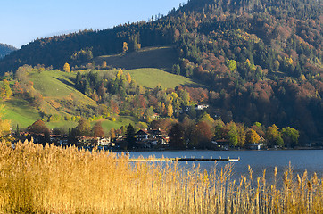 Image showing Autumn landscape with township in Upper Bavaria near mountain la