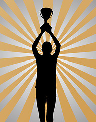 Image showing Young sport winner on gold silver background