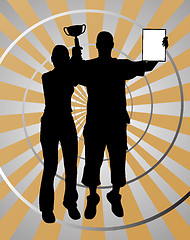 Image showing Two young winners with trophy on gold silver background