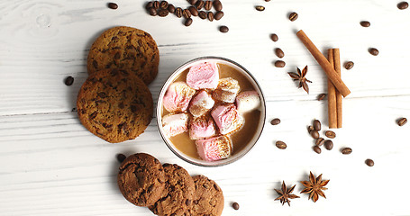 Image showing Mug of cacao with marshmallows and cookies