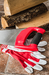 Image showing Saw, mittens and firewood, close-up