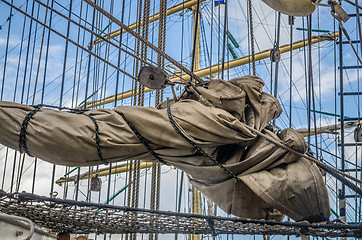 Image showing Mast historic sailing ship, close-up