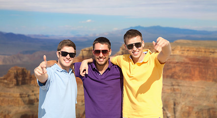 Image showing group of male friends hugging over grand canyon