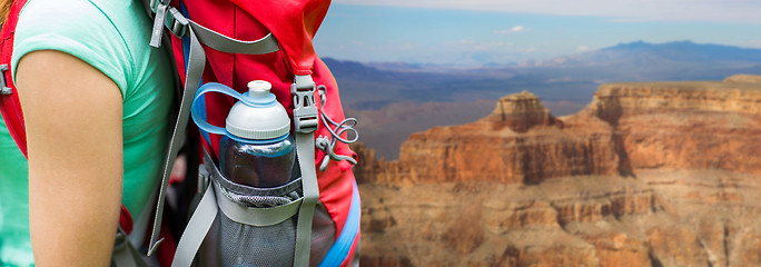 Image showing close up of woman with water bottle in backpack