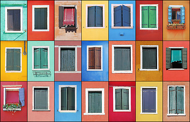 Image showing Collage of colorful windows with frames in Burano, Venice, Italy