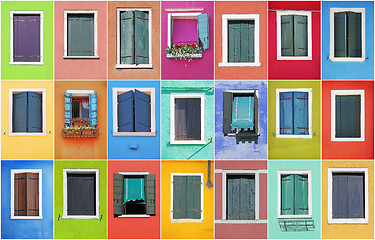 Image showing Collage of colorful windows with frames in Burano, Venice, Italy